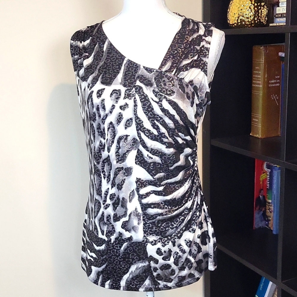 KASPEE Black White Sparkly Animal Print Asymmetrical Ruched Side Top